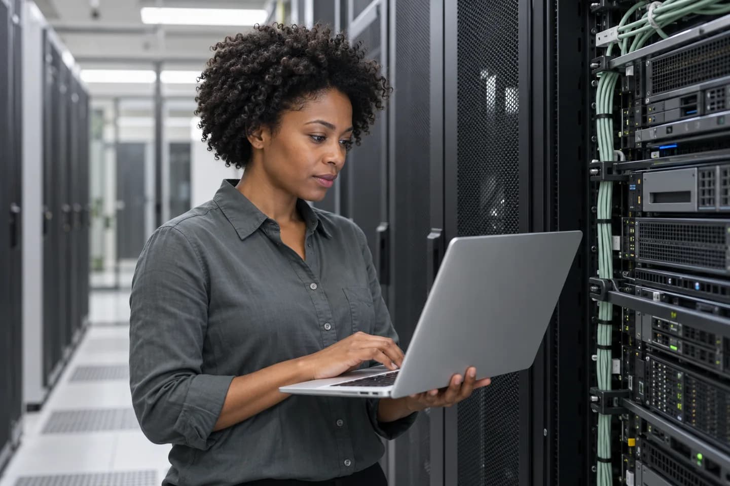 Illustration : une professionnelle intervient sur une infrastructure de datacenter.